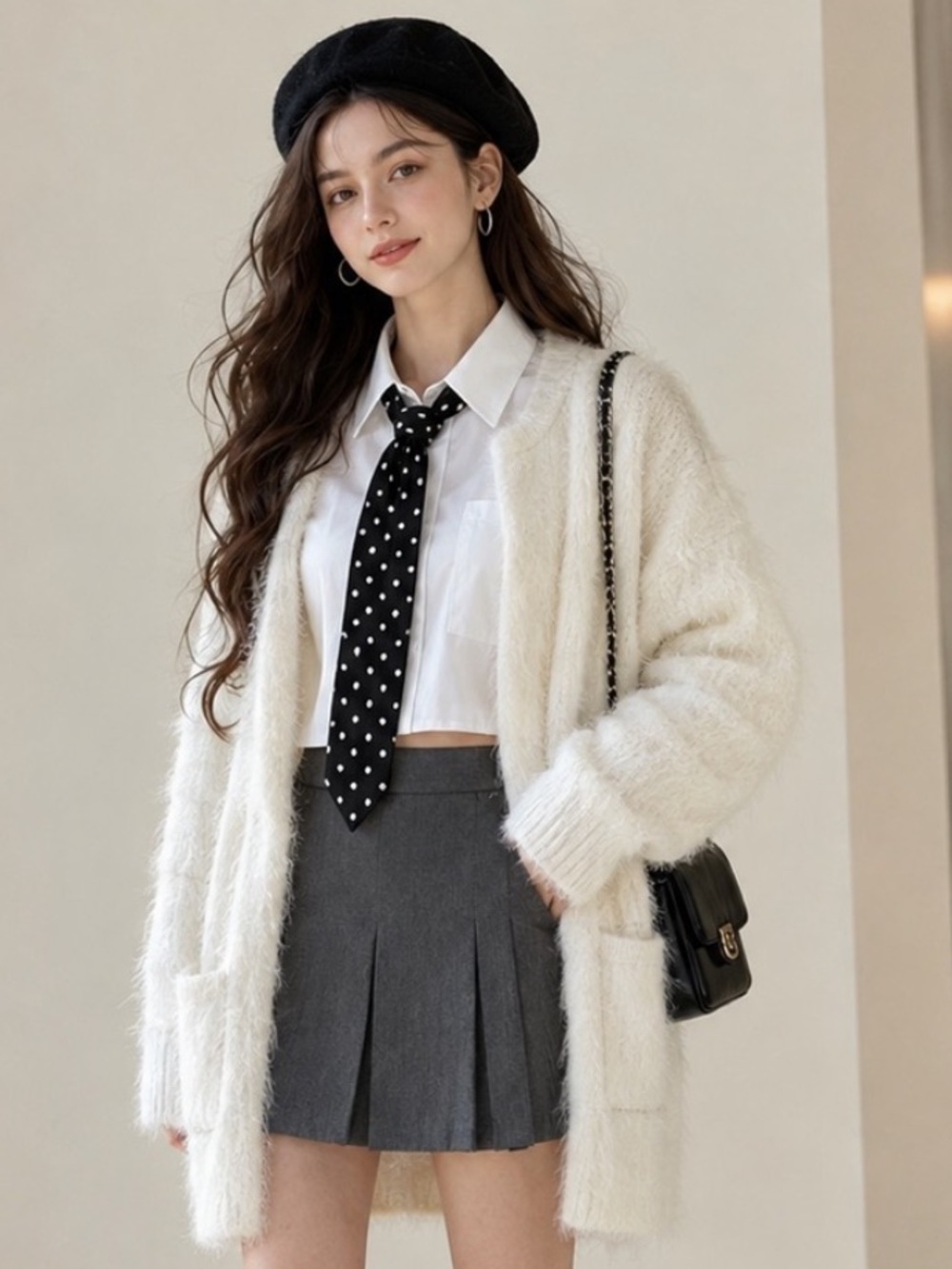 Women's ivory Fuzzy Eyelash Knit Longine Cardigan With Pockets